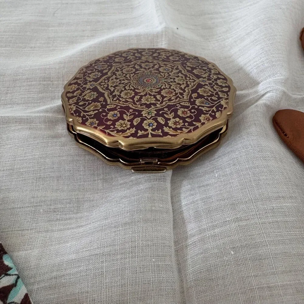 Vintage Stratton Powder Compact Mirror, Made In England, Ornate Maroon Enamel